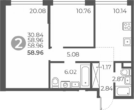 Планировка: 2-комнатная квартира 59 м² в ЖК «Мневники от Гранель»