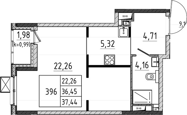 Планировка: Студия 36,5 м² в ЖК «Поварово-Молодежный-2»