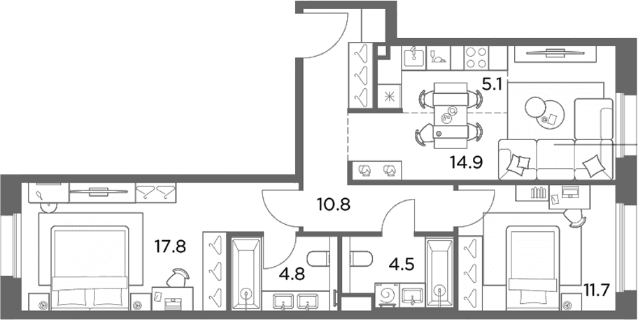 Планировка: Евротрёшка 69,6 м² в ЖК «Станиславский»