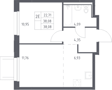 Планировка: Евродвушка 38,1 м² в ЖК «Прибрежный Парк»
