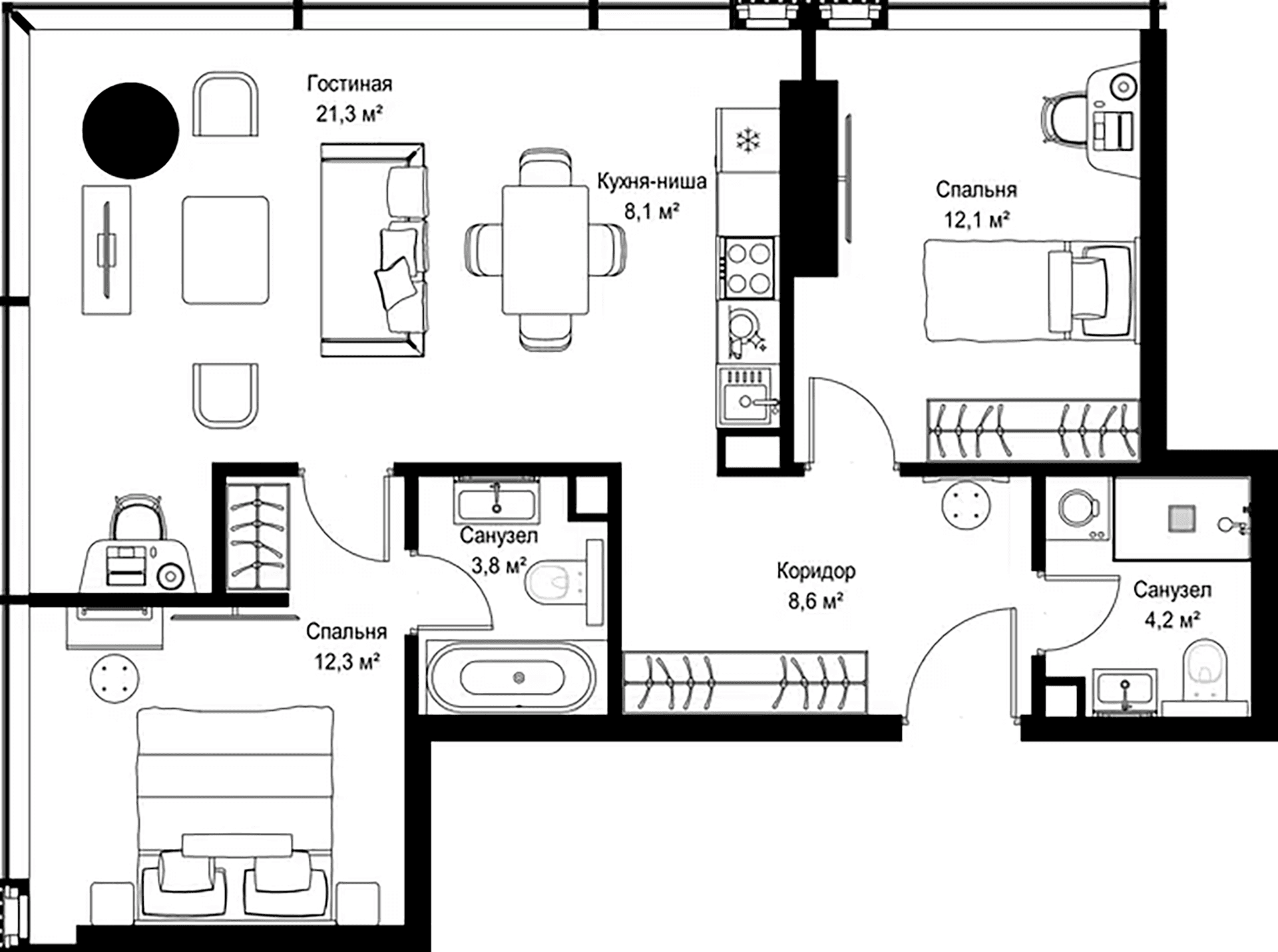 Планировка: Евротрёшка 70,4 м² в ЖК «Слава»