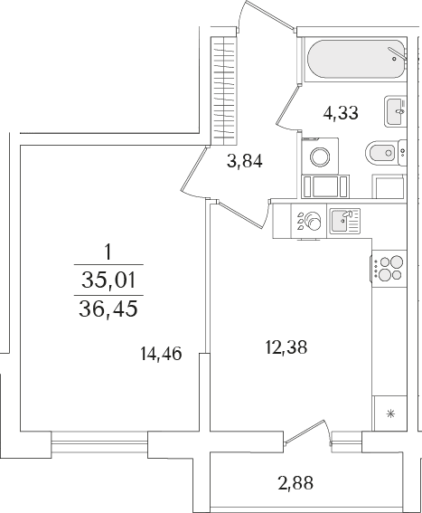 Планировка: 1-комнатная квартира 35 м² в ЖК «Кинопарк»