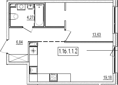 Планировка: Евродвушка 43,9 м² в ЖК «Новый Ямбург»