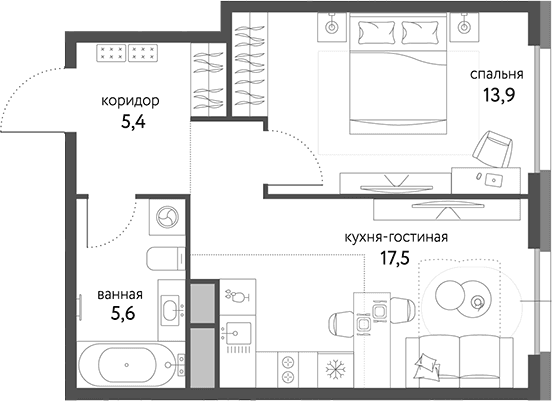 Планировка: Евродвушка 42,4 м² в ЖК «Сиреневый парк»