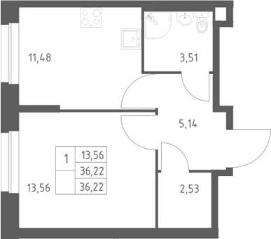 Планировка: 1-комнатная квартира 36,2 м² в ЖК «ЭкоБунино»