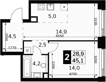 Планировка: Евродвушка 45,1 м² в ЖК «Амбер Сити»