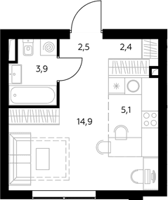 Планировка: Студия 29,1 м² в ЖК «Адмирал»