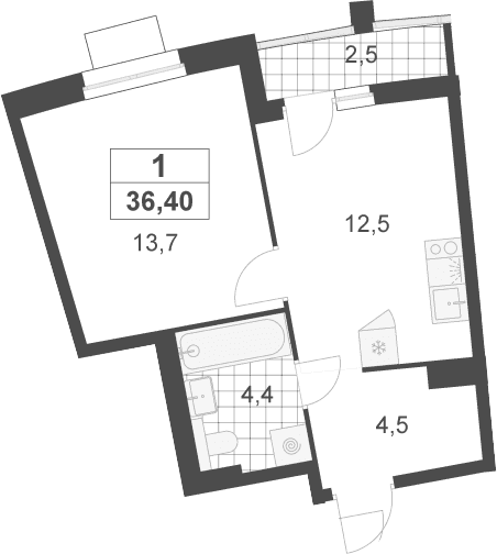 Планировка: 1-комнатная квартира 35,2 м² в ЖК «Деснаречье»