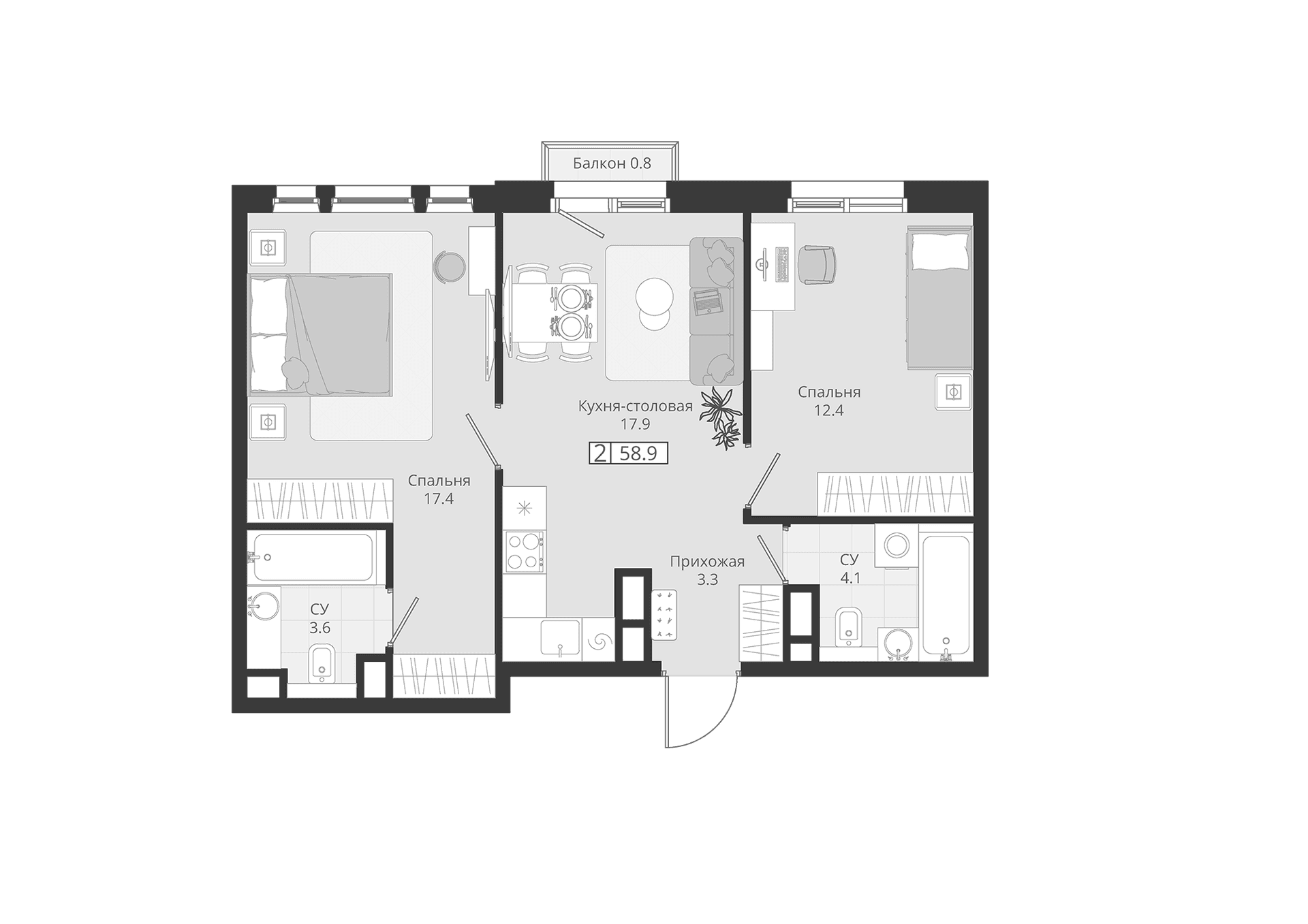 Планировка: Евротрёшка 58,7 м² в ЖК «ГРЭЙ»
