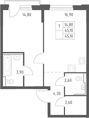 Планировка: Евродвушка 45,1 м² в ЖК «Химки Парк»