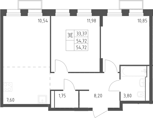 Планировка: Евротрёшка 54,7 м² в ЖК «Квартал Строгино»