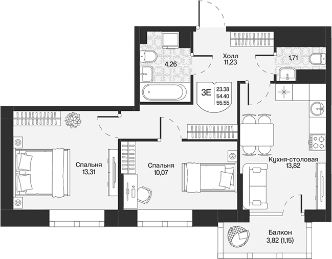 Планировка: Евротрёшка 54,4 м² в ЖК «Охтинские высоты»