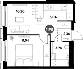 Планировка: Евродвушка 34,1 м² в ЖК «ЭВО»