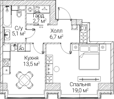 Планировка: 1-комнатная квартира 47 м² в ЖК «СЕЗАР БУДУЩЕЕ»