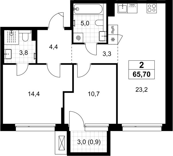 Планировка: Евротрёшка 64,8 м² в ЖК «Хольм»
