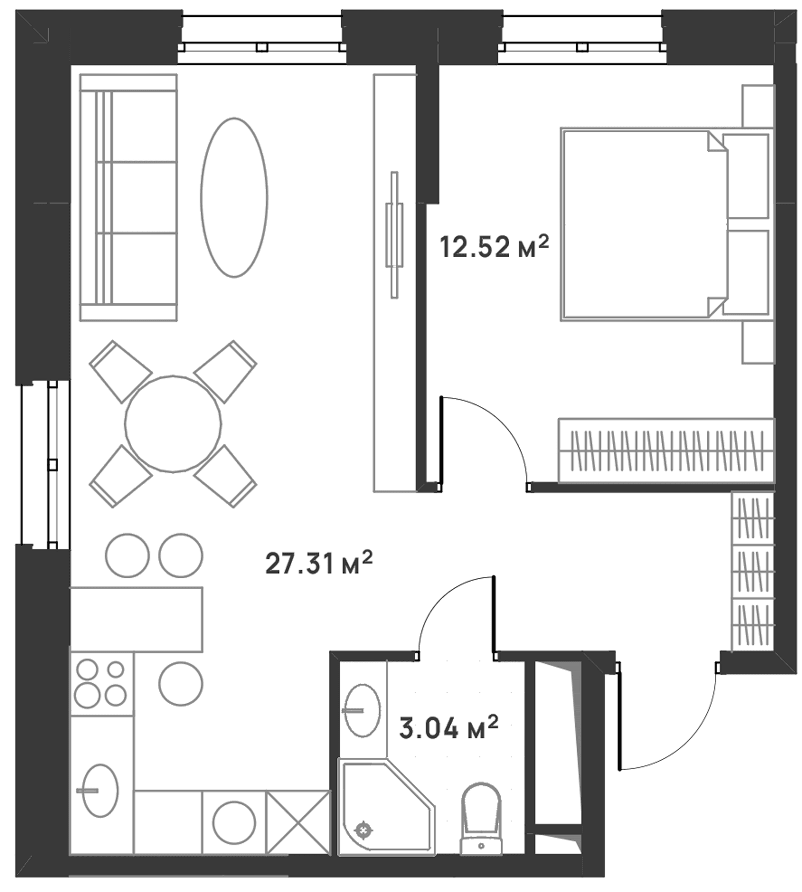 Планировка: Евродвушка 42,9 м² в ЖК «Дюна»