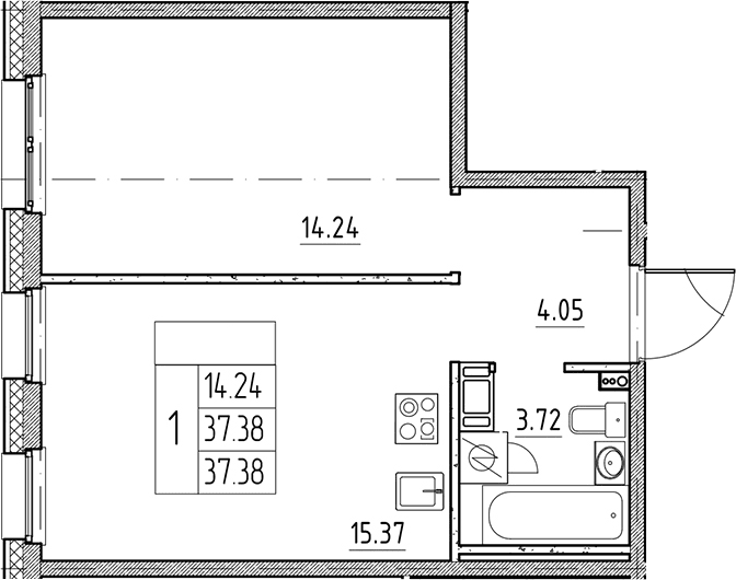 Планировка: Евродвушка 37,4 м² в ЖК «Сезоны»