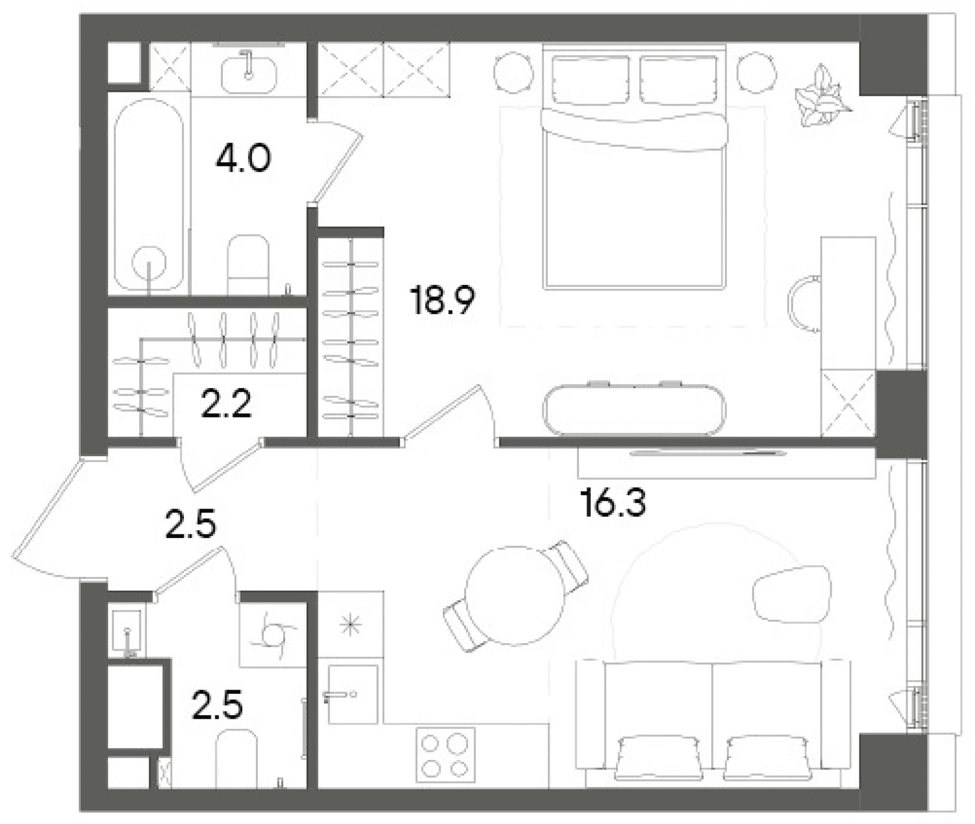 Планировка: Евродвушка 46,4 м² в ЖК «СТОУН Грэйн»