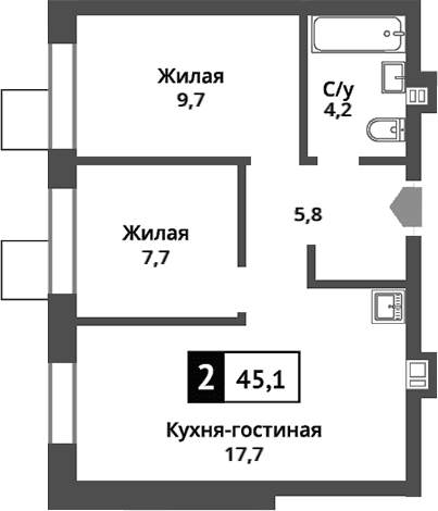 Планировка: Евротрёшка 45,1 м² в ЖК «Никольский квартал Отрада»