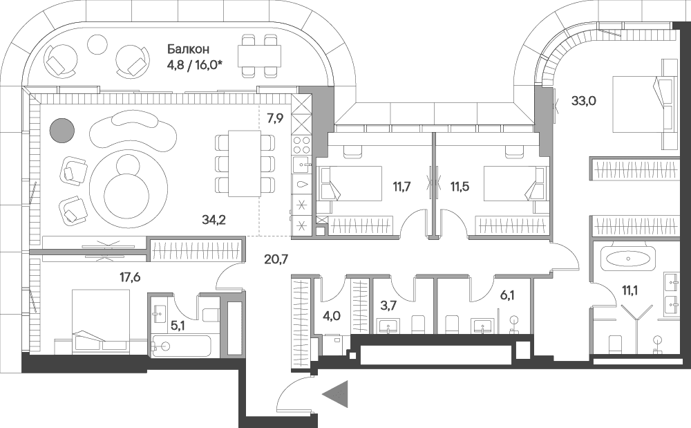 Планировка: Квартира евро-5 166,6 м² в ЖК «Springs»
