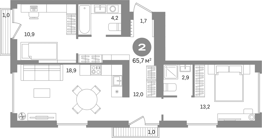 Планировка: 2-комнатная квартира 63,7 м² в ЖК «Первый квартал. Вторая очередь»