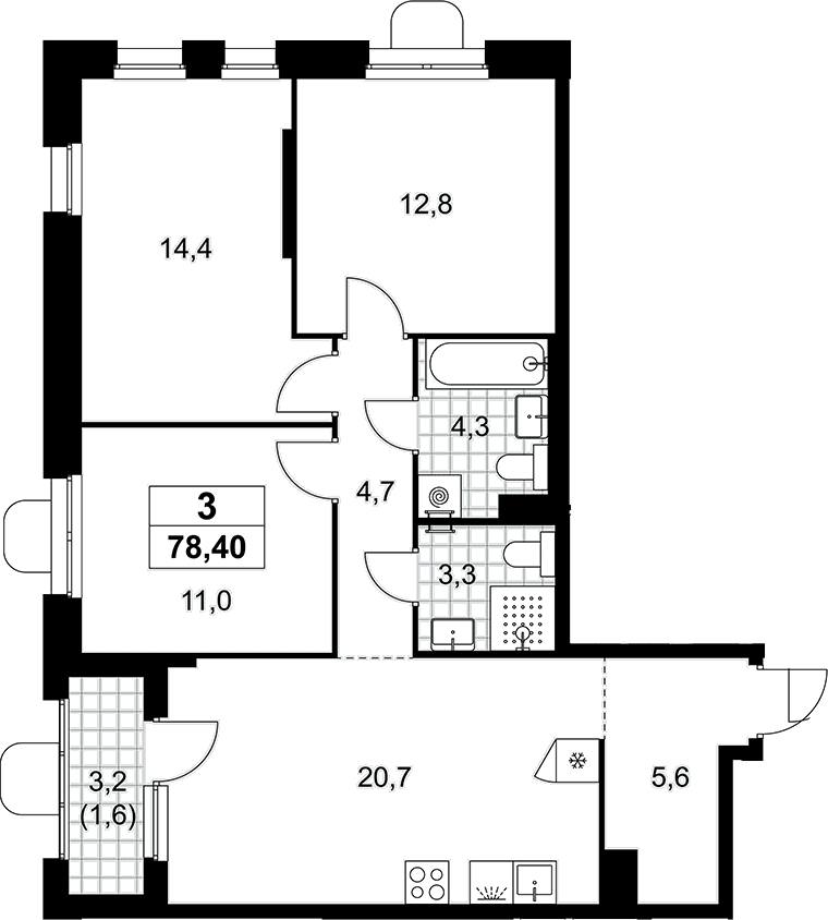 Планировка: Квартира евро-4 76,8 м² в ЖК «Прокшино»