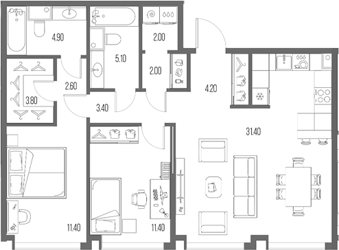 Планировка: 2-комнатная квартира 82,2 м² в ЖК «Северный Порт»