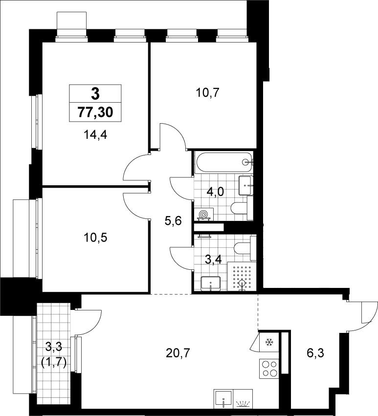Планировка: Квартира евро-4 75,6 м² в ЖК «Деснаречье»