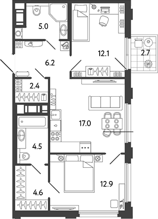 Планировка: Евротрёшка 63,9 м² в ЖК «Гений»