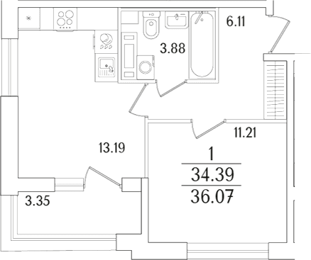 Планировка: Евродвушка 34,4 м² в ЖК «Аурум»