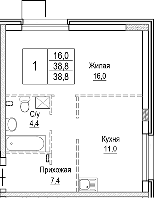 Планировка: 1-комнатная квартира 38,8 м² в ЖК «Лесная Отрада»