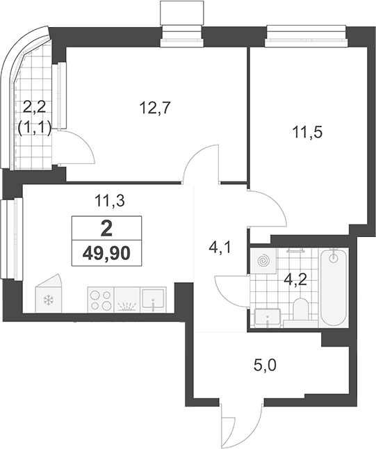 Планировка: 2-комнатная квартира 48,8 м² в ЖК «Южные сады»