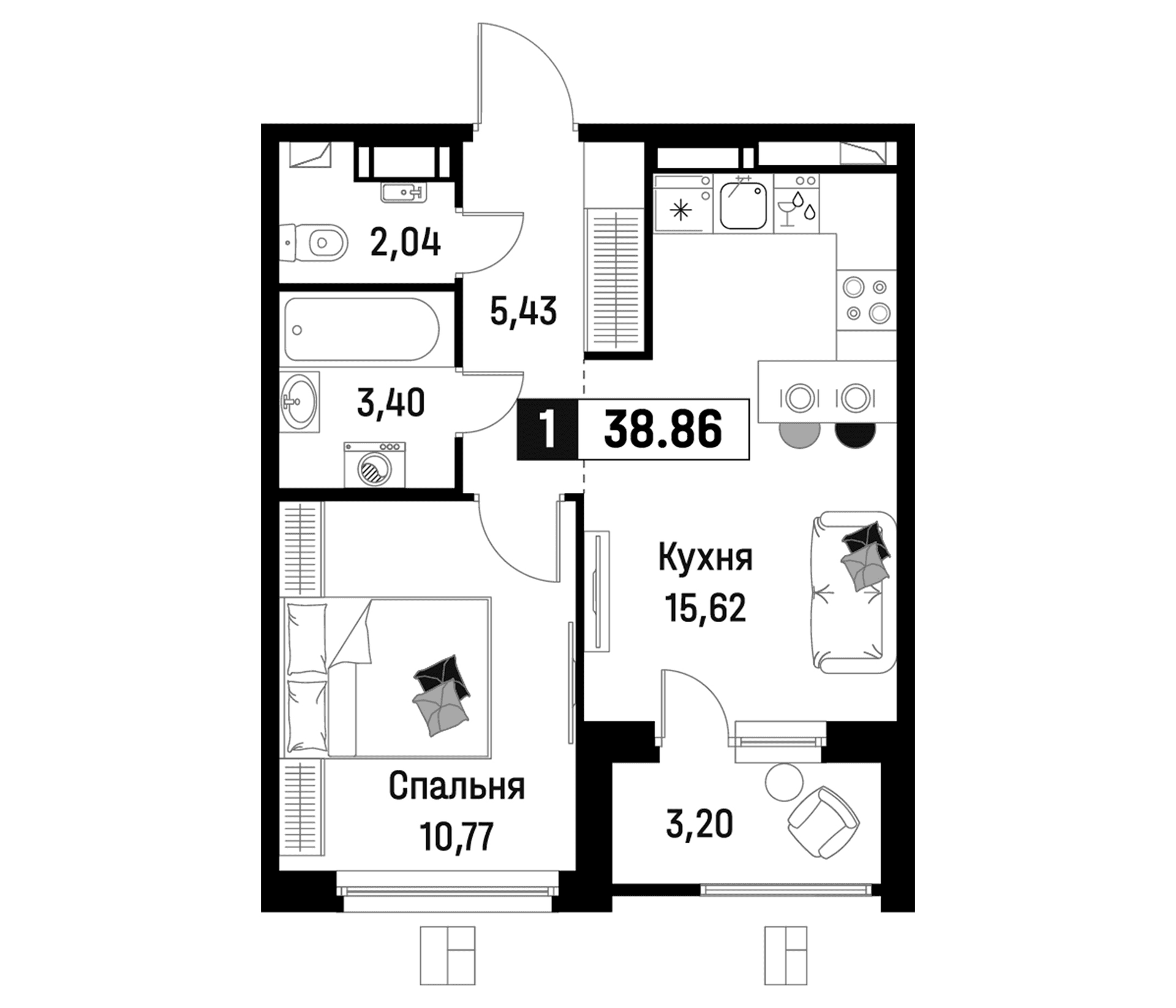 Планировка: Евродвушка 37,3 м² в ЖК «Максималист»