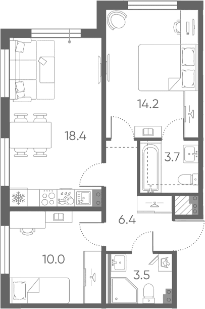 Планировка: Евротрёшка 56,2 м² в ЖК «Пулково Лейк»