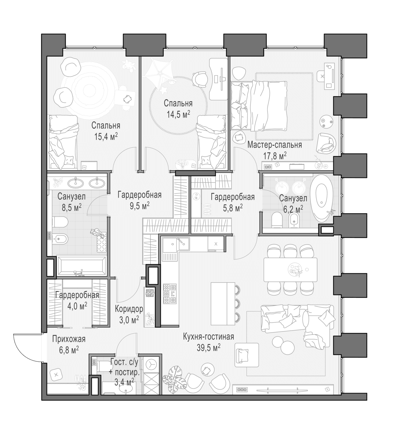 Планировка: Квартира евро-4 135,4 м² в ЖК «Квартал Life Time»