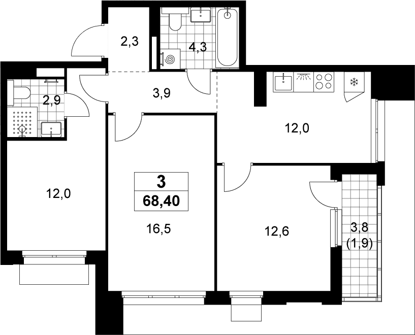 Планировка: 3-комнатная квартира 66,5 м² в ЖК «Деснаречье»