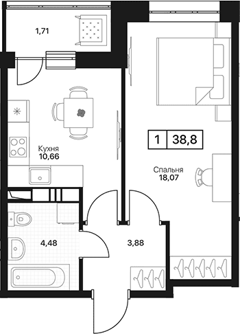 Планировка: 1-комнатная квартира 37,1 м² в ЖК «Пушкино Град»