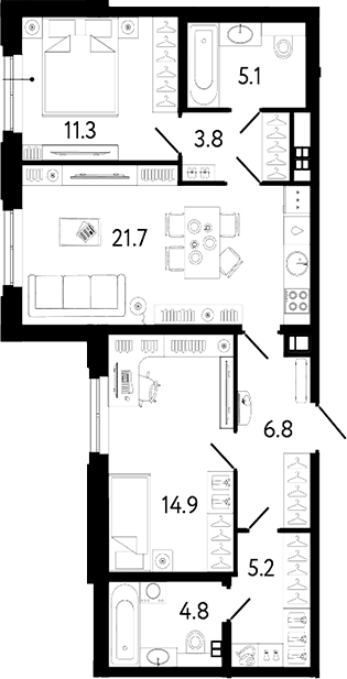 Планировка: Евротрёшка 73,6 м² в ЖК «Коллекционер»