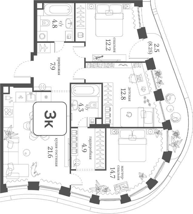 3-комнатная квартира