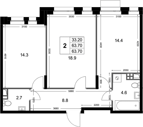 Планировка: 2-комнатная квартира 63,7 м² в ЖК «Кореневский Форт 2.3»