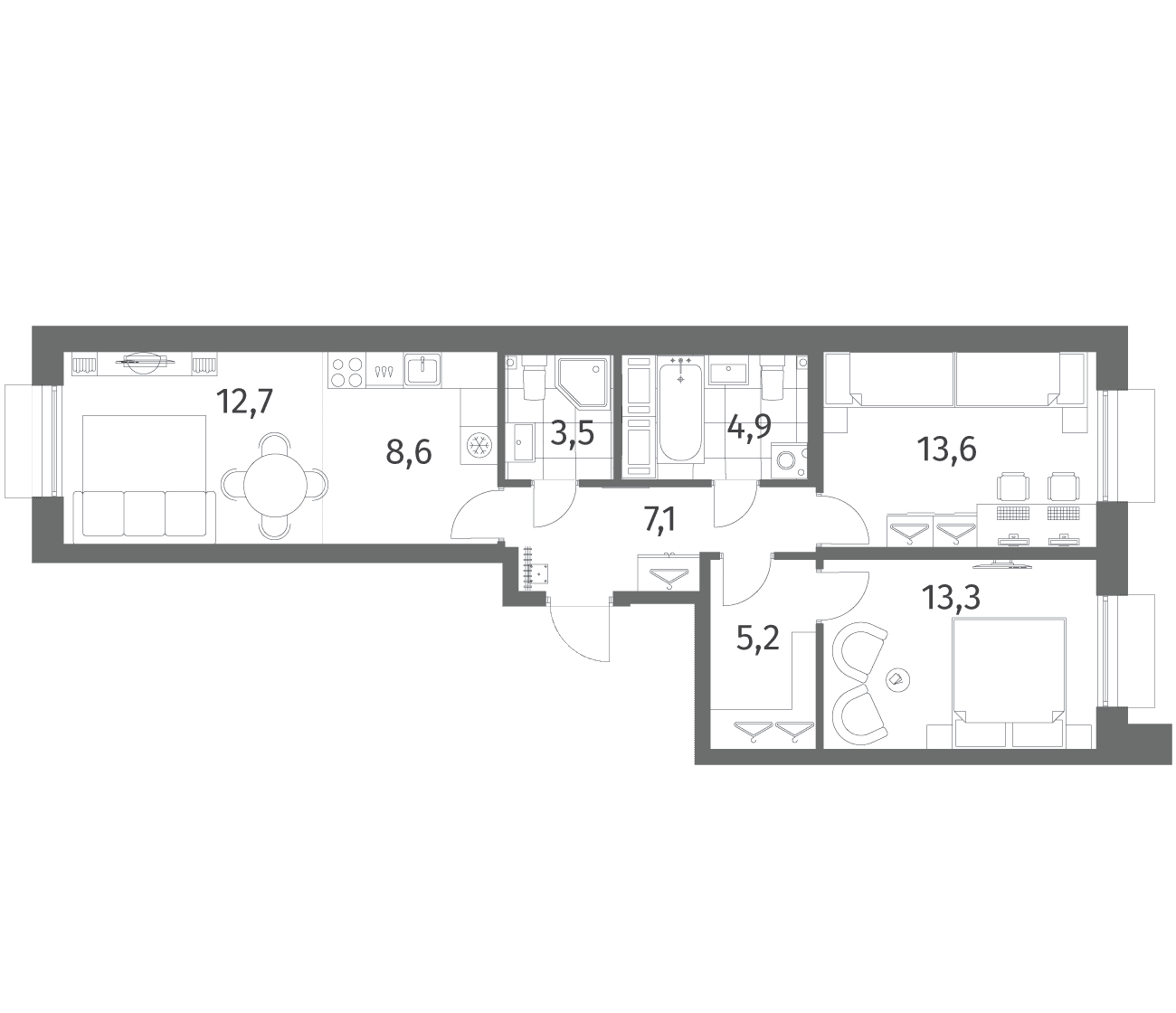 Планировка: Евротрёшка 68,9 м² в ЖК «Парусная 1»