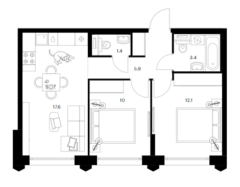 Планировка: 2-комнатная квартира 50,4 м² в ЖК «Бусиновский парк»