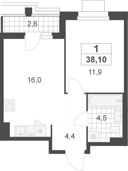 Планировка: Евродвушка 36,8 м² в ЖК «Деснаречье»
