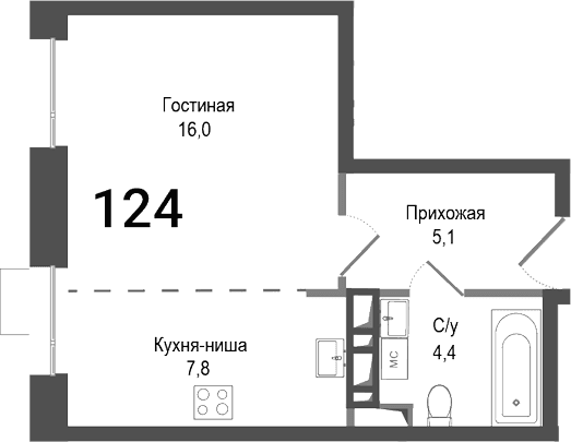 Планировка: Студия 33,3 м² в ЖК «Киноквартал»