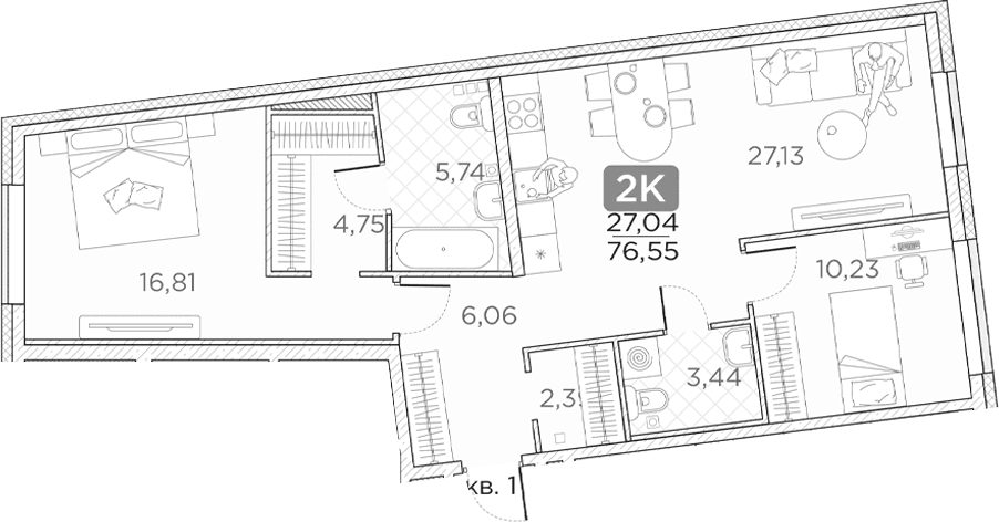 Планировка: Евротрёшка 76,6 м² в ЖК «Гильдия»