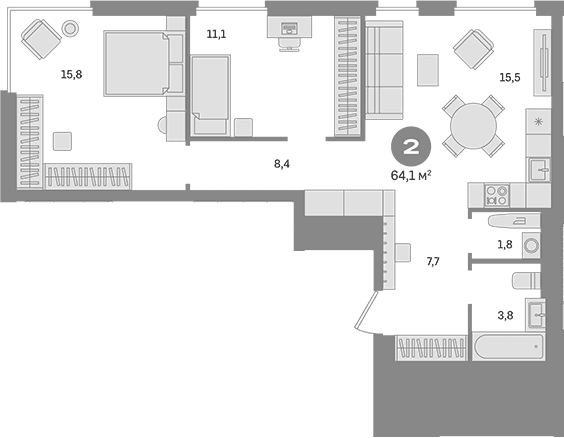Планировка: 2-комнатная квартира 64,1 м² в ЖК «Квартал Герцена»