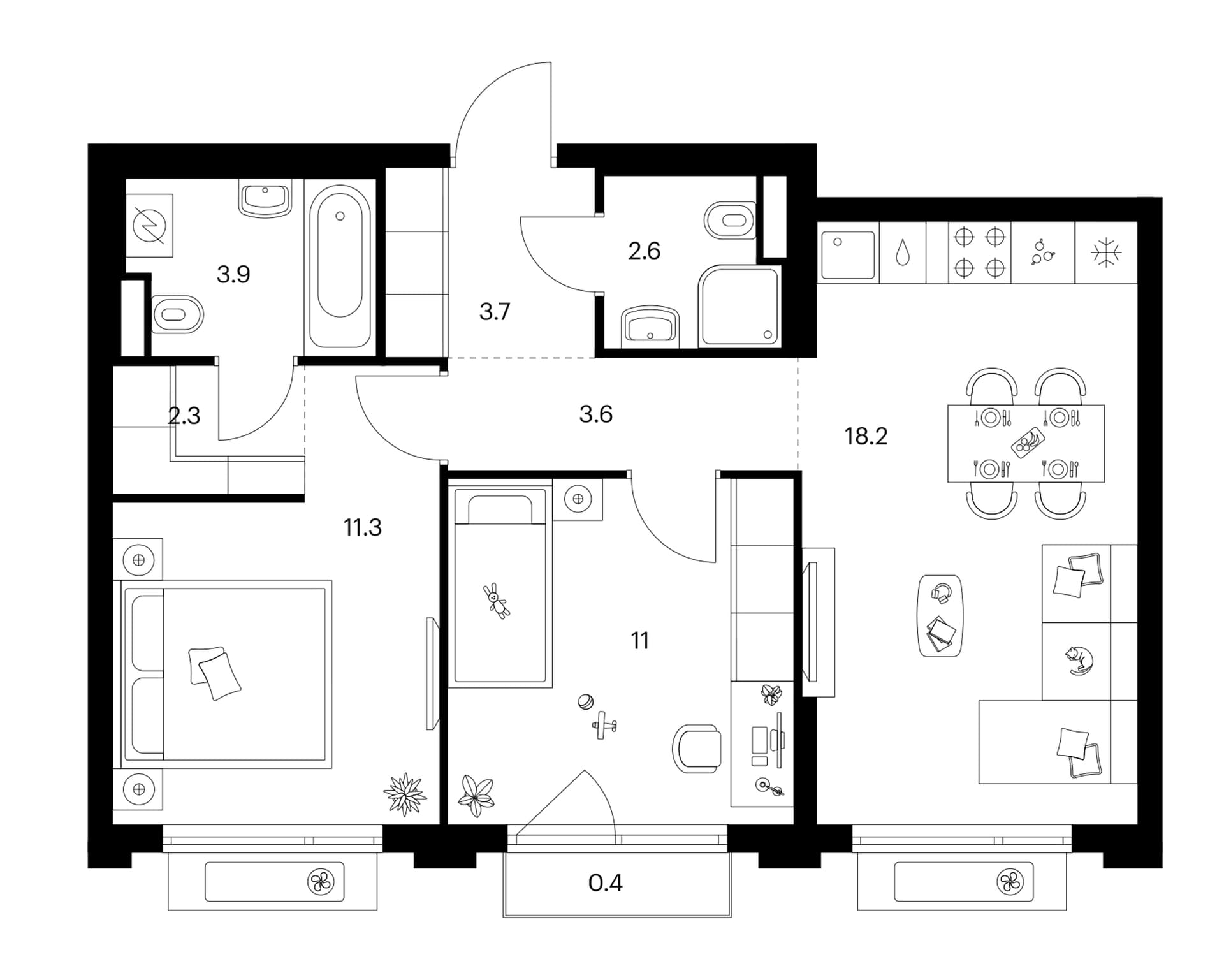 Планировка: 2-комнатная квартира 56,6 м² в ЖК «Белая Дача парк»