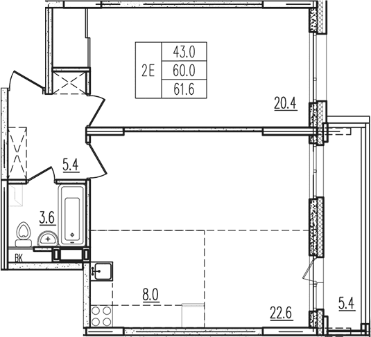 Планировка: Евродвушка 60 м² в ЖК «Пироговская ривьера»