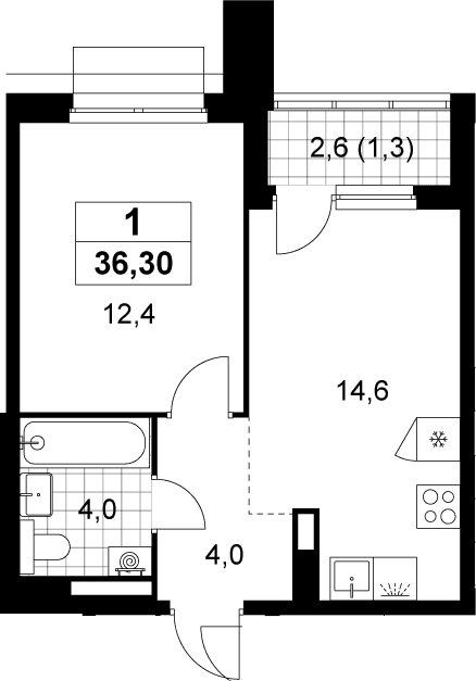 Планировка: 1-комнатная квартира 35 м² в ЖК «Деснаречье»