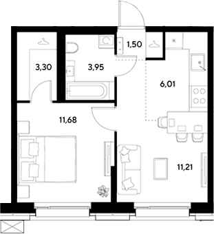 Планировка: Евродвушка 37,7 м² в ЖК «ЭВО»